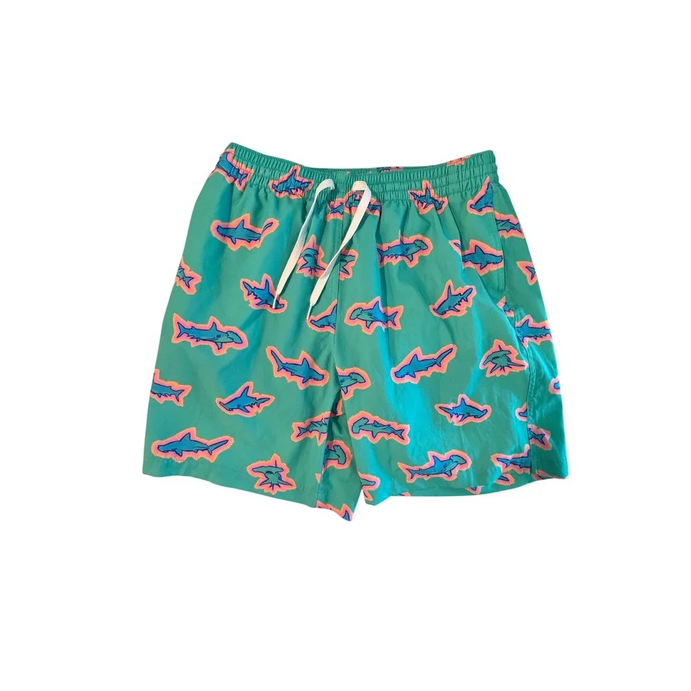 Chubbies Mens Swim Trunks Teal Green Shark Print 7 Inch Inseam Shorts Large